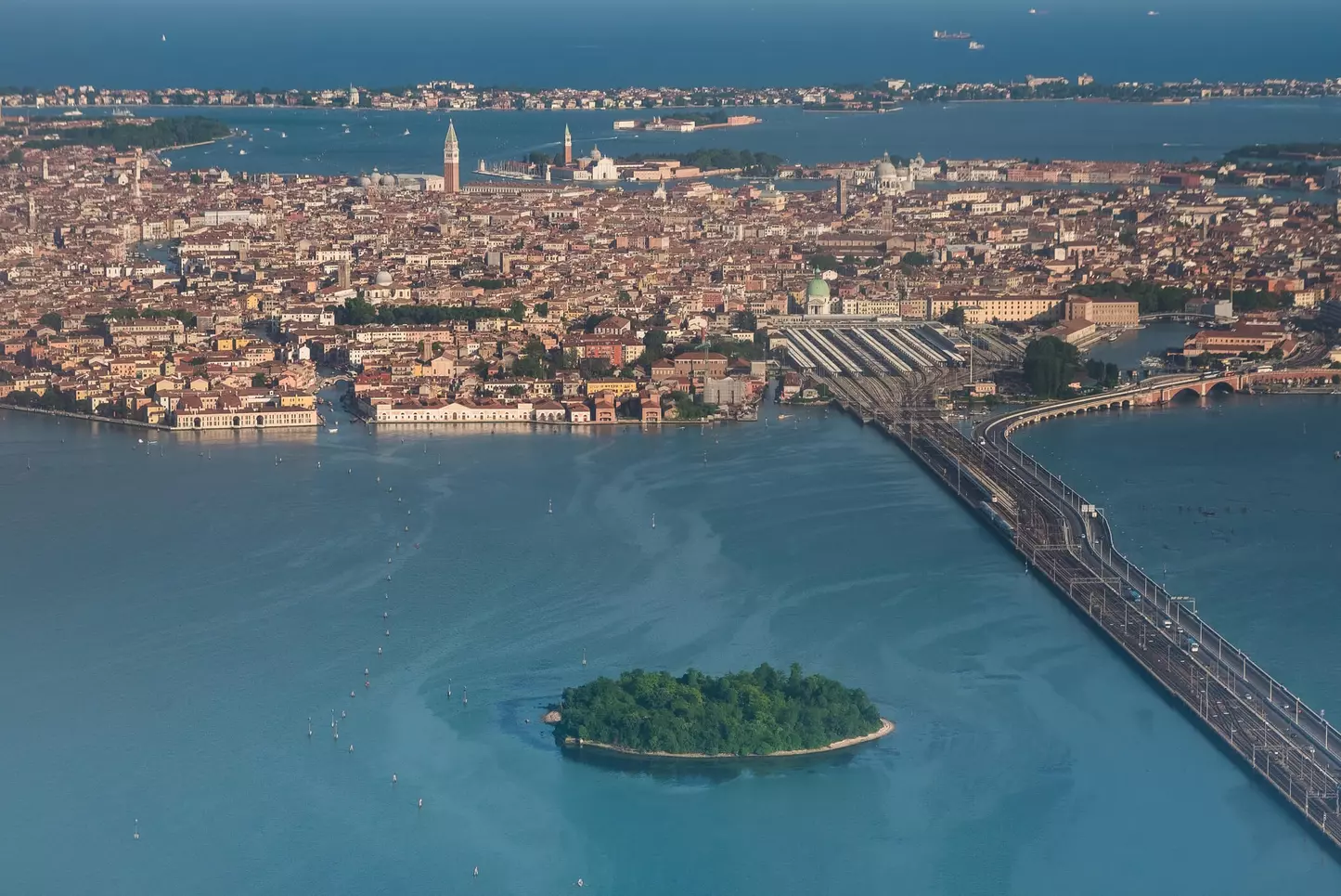 A sight over the historical centre of Venice, Italy, as seen from an airplane approaching to the international Marco Polo airport